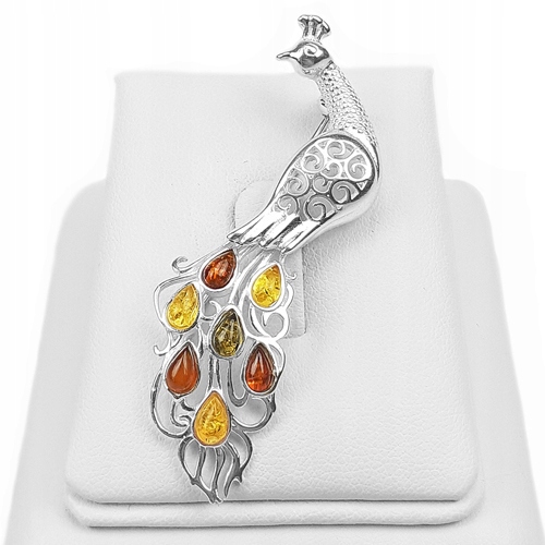 Stříbrná Brož páv s originálním baltský jantar ze stříbra 925 Jako Dárek