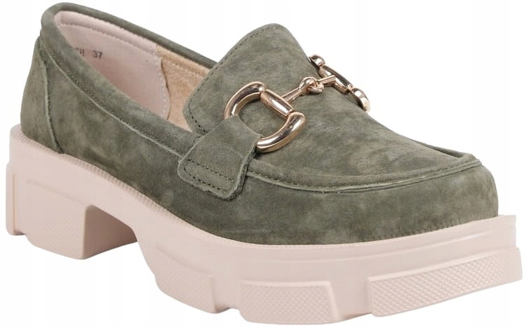 LOAFERSY KHAKI Z KLAMRĄ MOKASYNY NA PLATFORMIE SKÓRA GRUBA PODESZWA ZIELONE Wzór dominujący bez wzoru