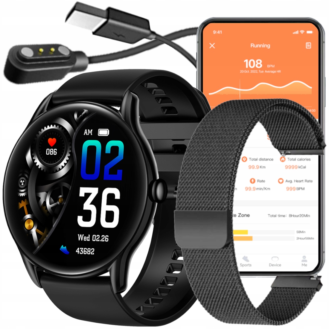 Zegarek smartwatch czarny funkcje Powiadomienia Puls Gry pasek bransoleta