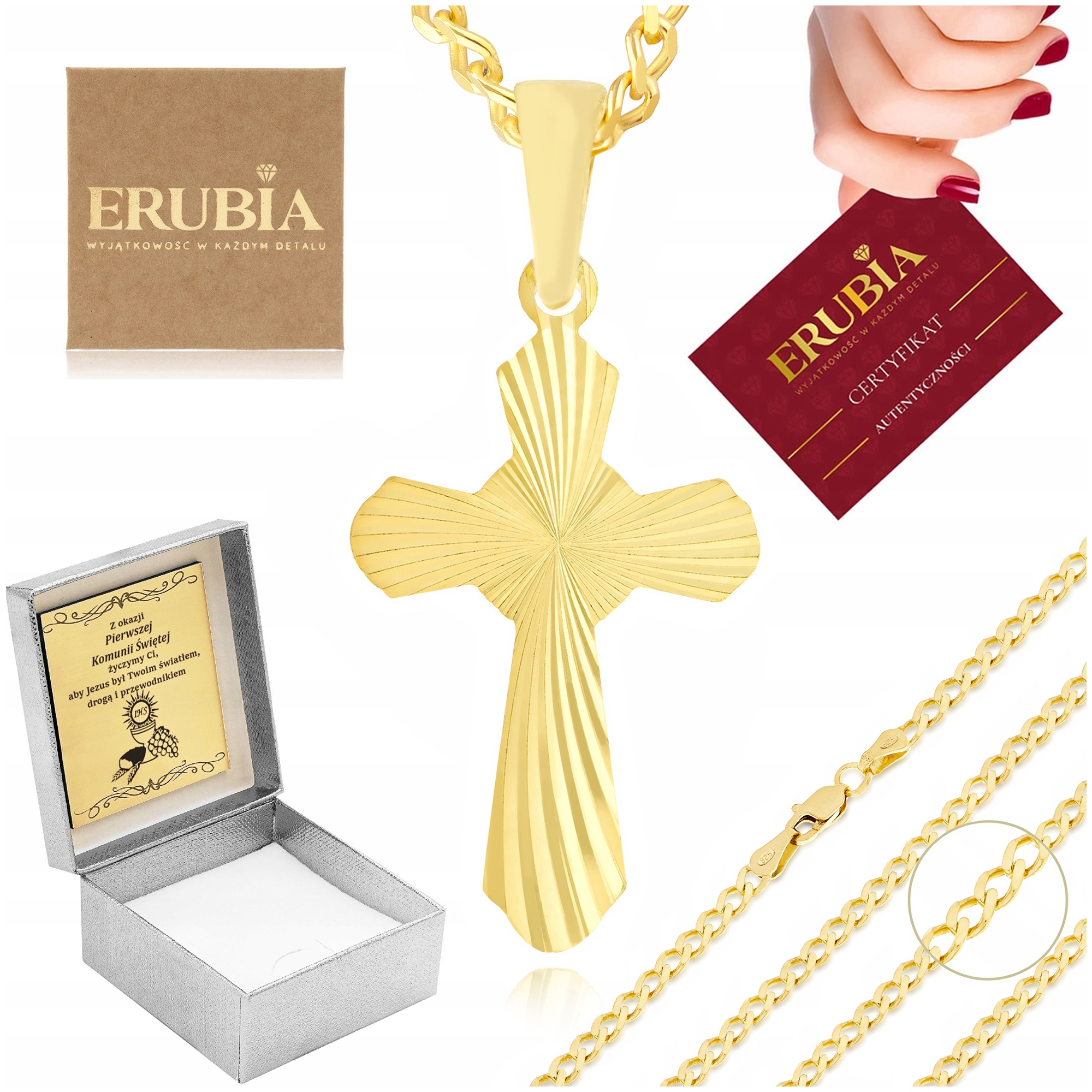 Zlatý Řetízek K Prvnímu Svatému Přijímání 925 Přívěsek Křížek Pro Chlapce Gravírování Bonus