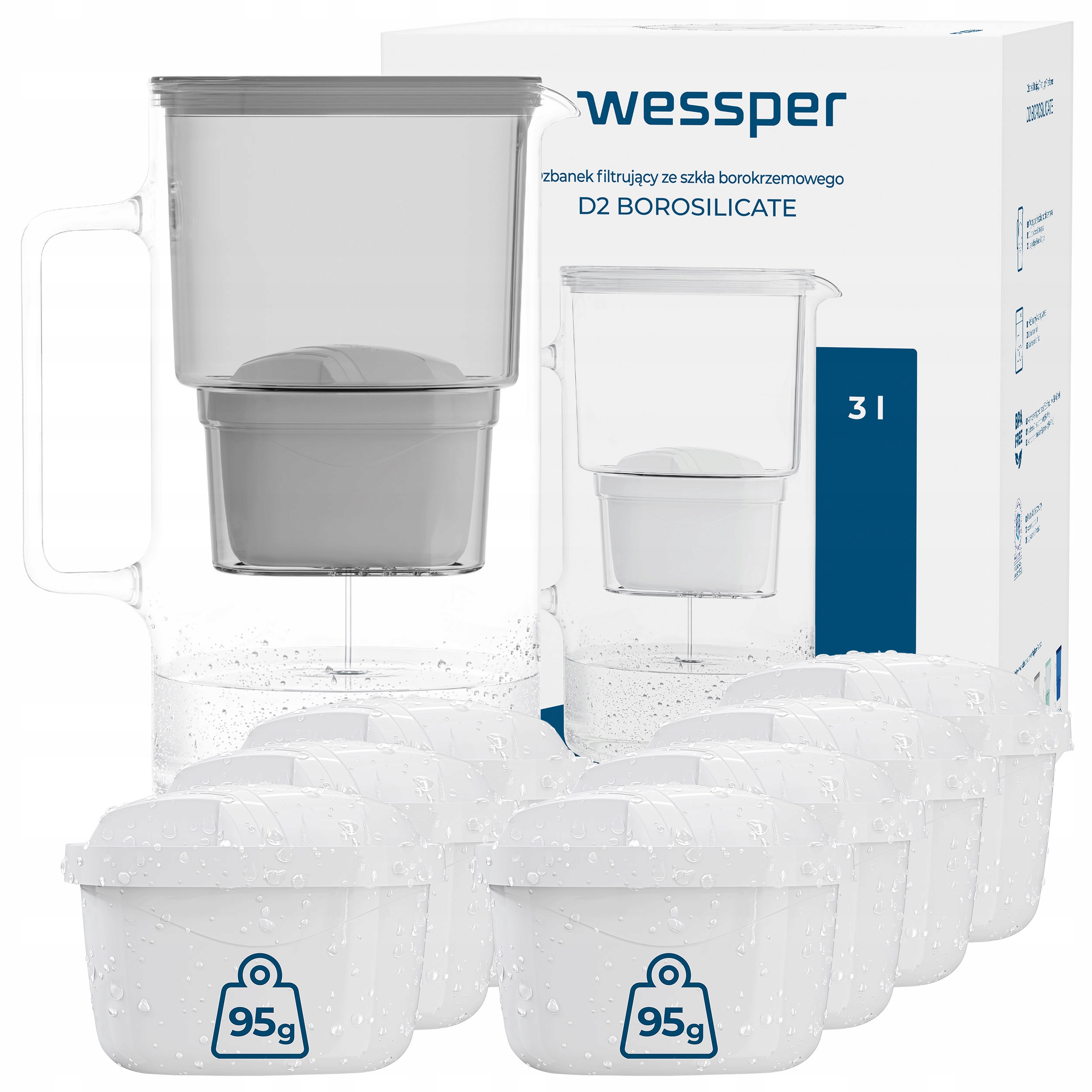 Filtrační konvice skleněná Wessper D2 Borosilicate 3l 8x filtr na vodu