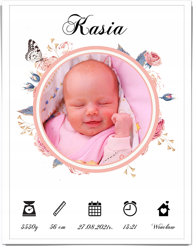 

Metryczka ze zdjęciem Urodziny Chrzest w7+RAMKA A4
