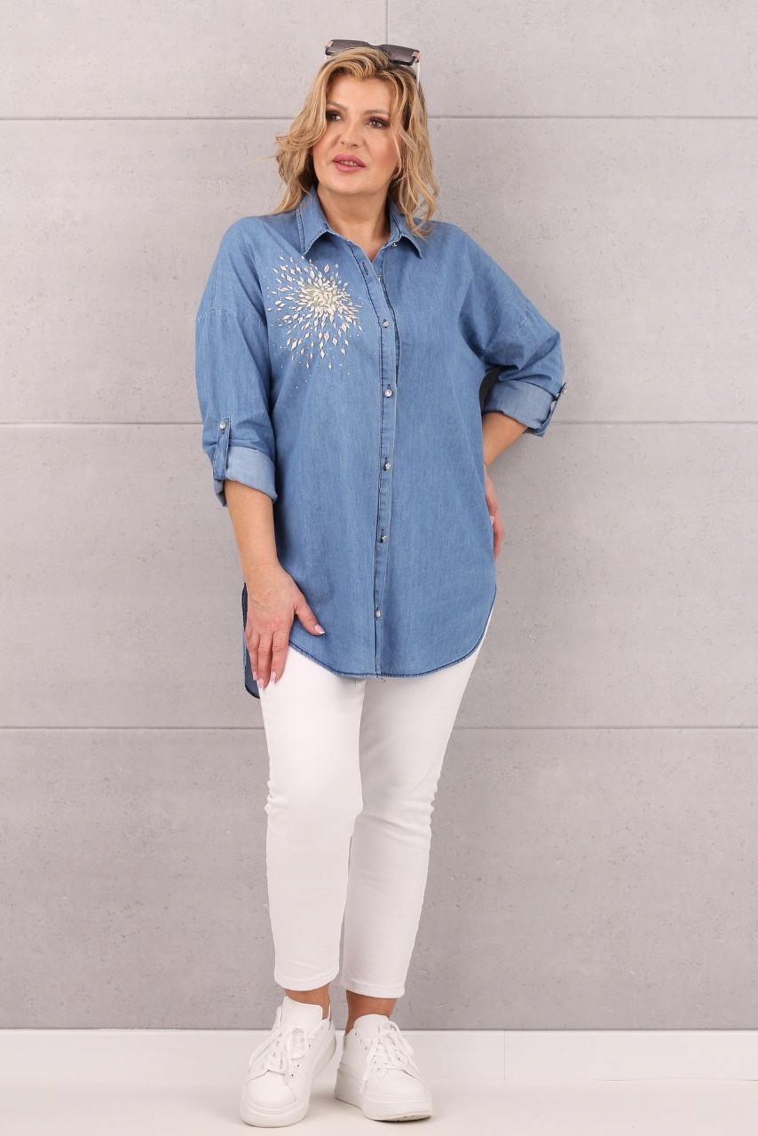 KOSZULA JEANSOWA DAMSKA DUŻE ROZMIARY ELEGANCKA DŁUGA OVERSIZE STYLOWA Marka FEMIMODA