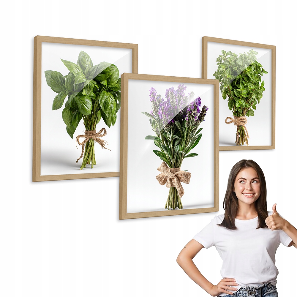 Zestaw 3 obrazów wzór Rośliny Zioła drewniana ramka 30x40 tryptyk do kuchni