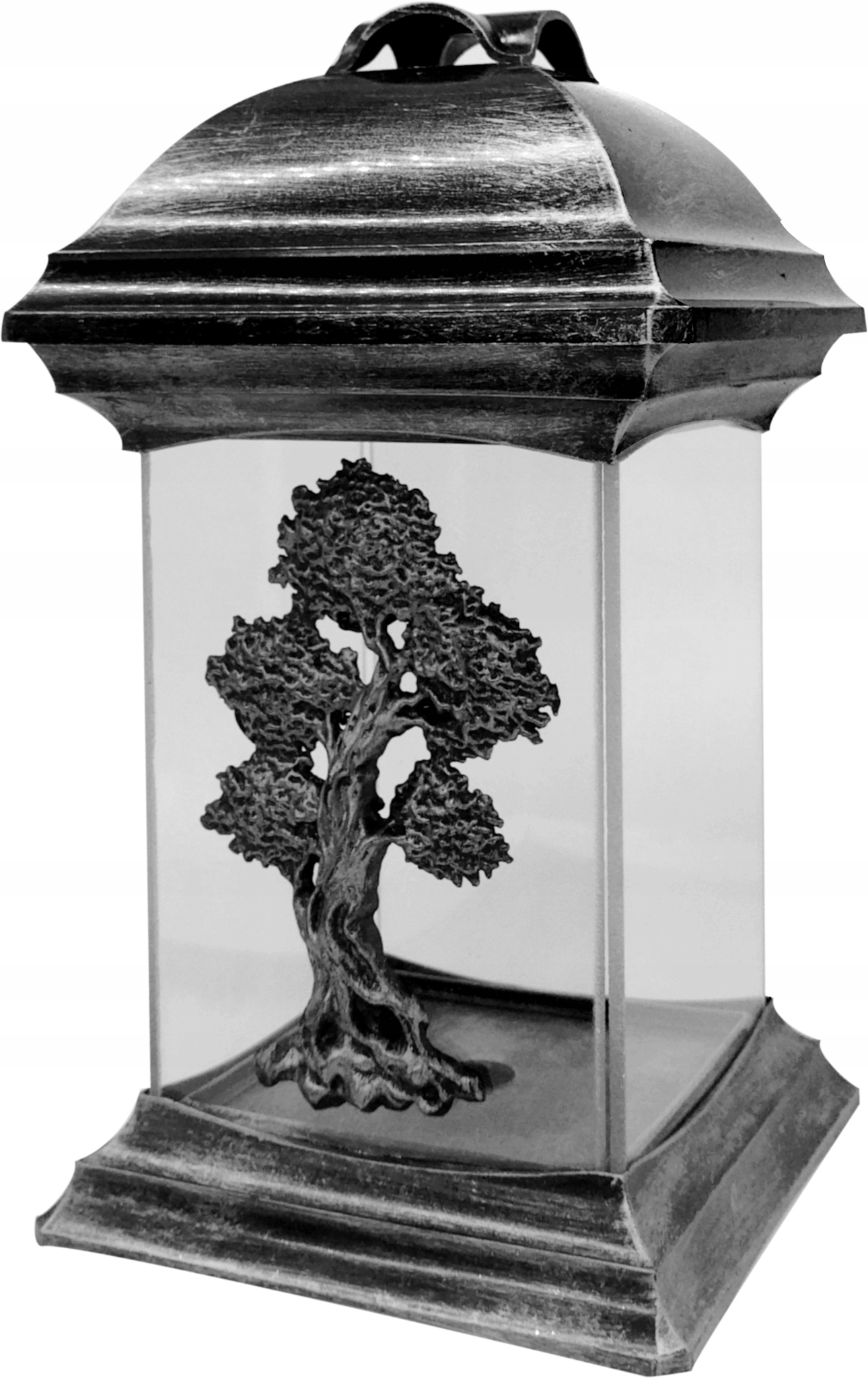 Znicz szklany ozdobny katedra premium APLIKACJA DRZEWO SREBRNY wys. 26cm