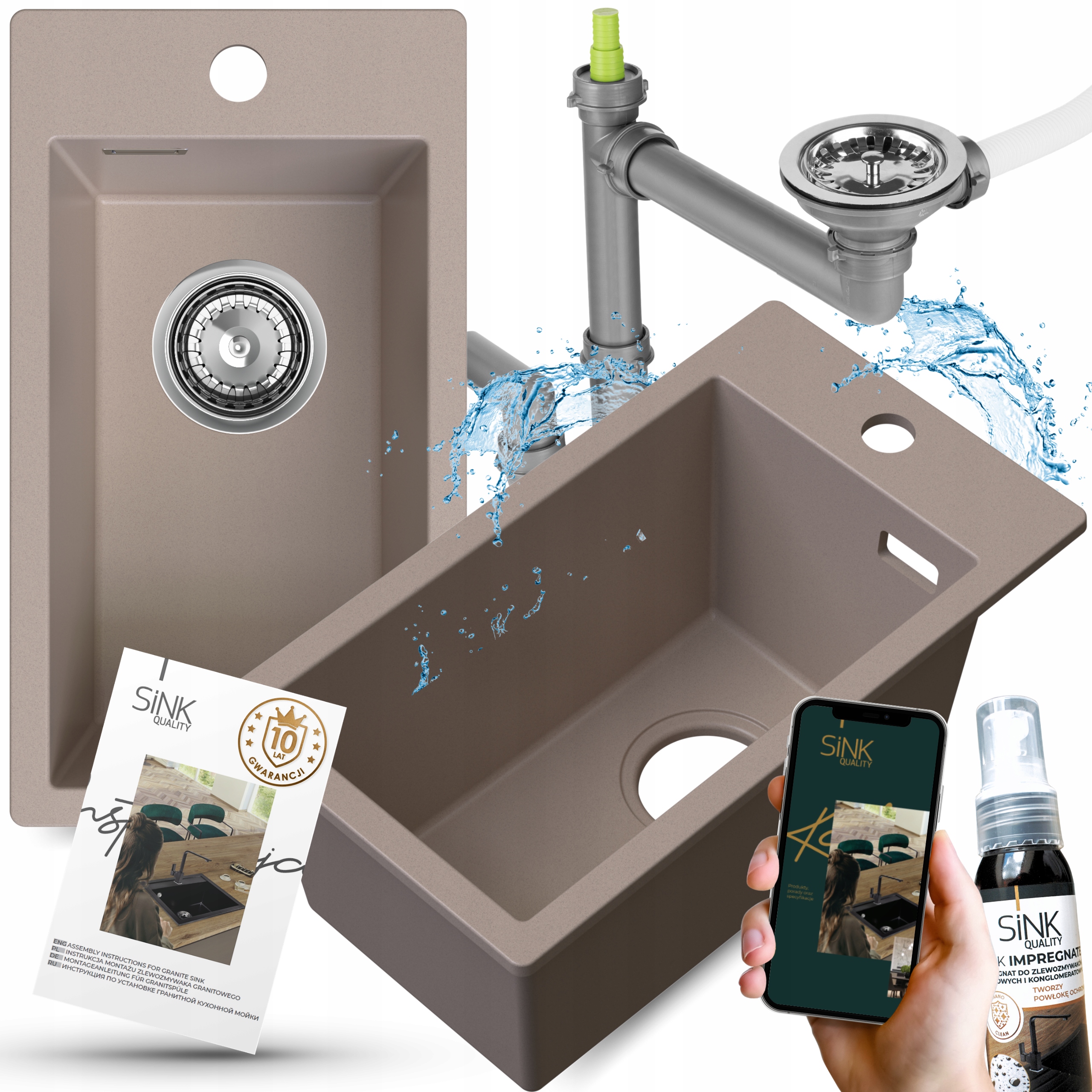 Granitový dřez béžový Jednokomorový Malý Úzký kuchyňský Dřez hluboký