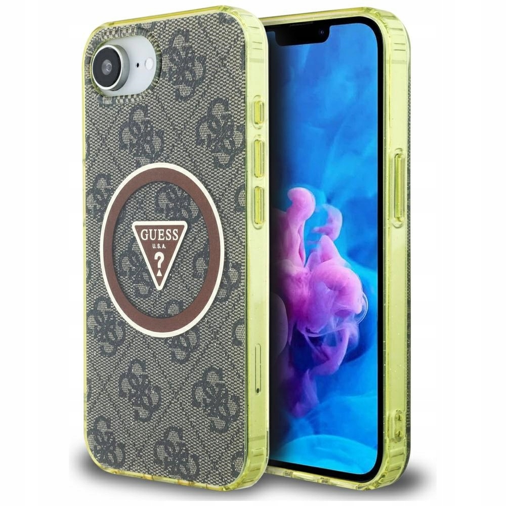 Pouzdro Guess IML Metal Glitter 4G Circle Triangle MagSafe pro iPhone 16e hnědé