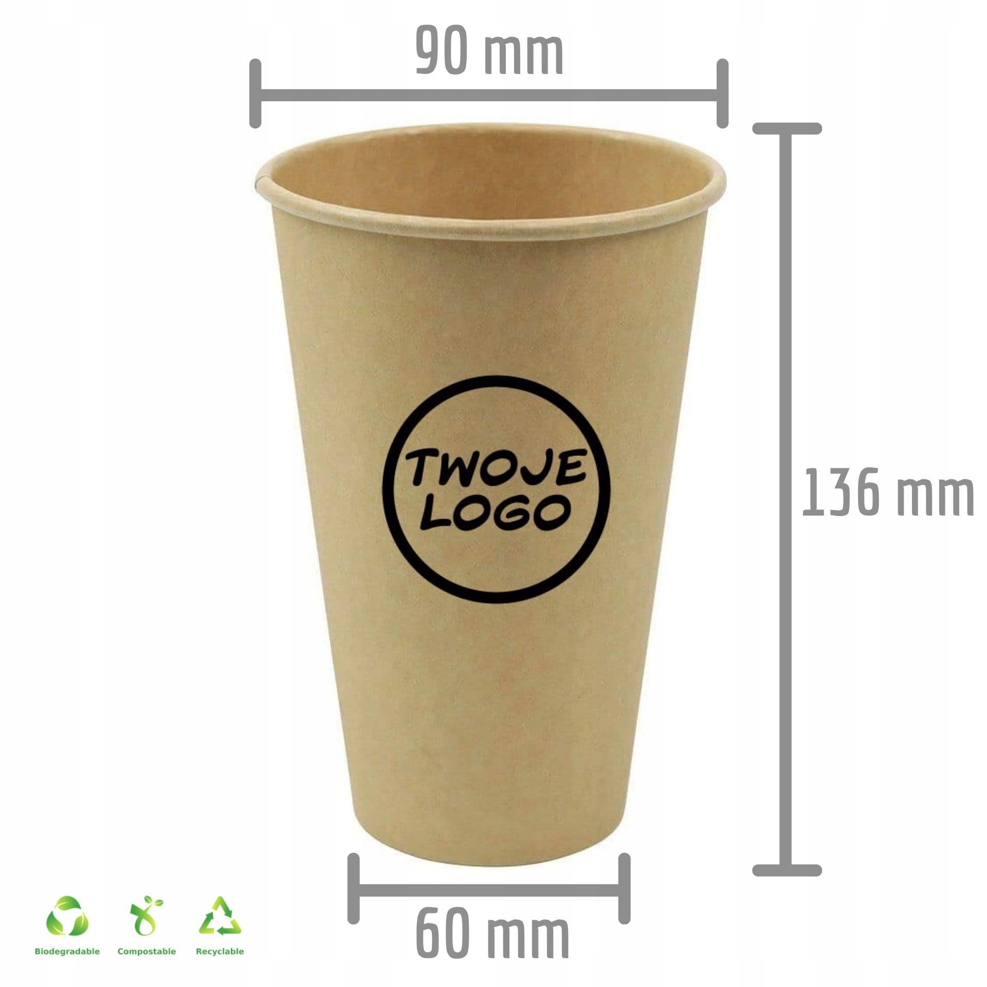 Papírové kelímky Kraft 480 ml s logem – ekologické, personalizované, 1000 ks