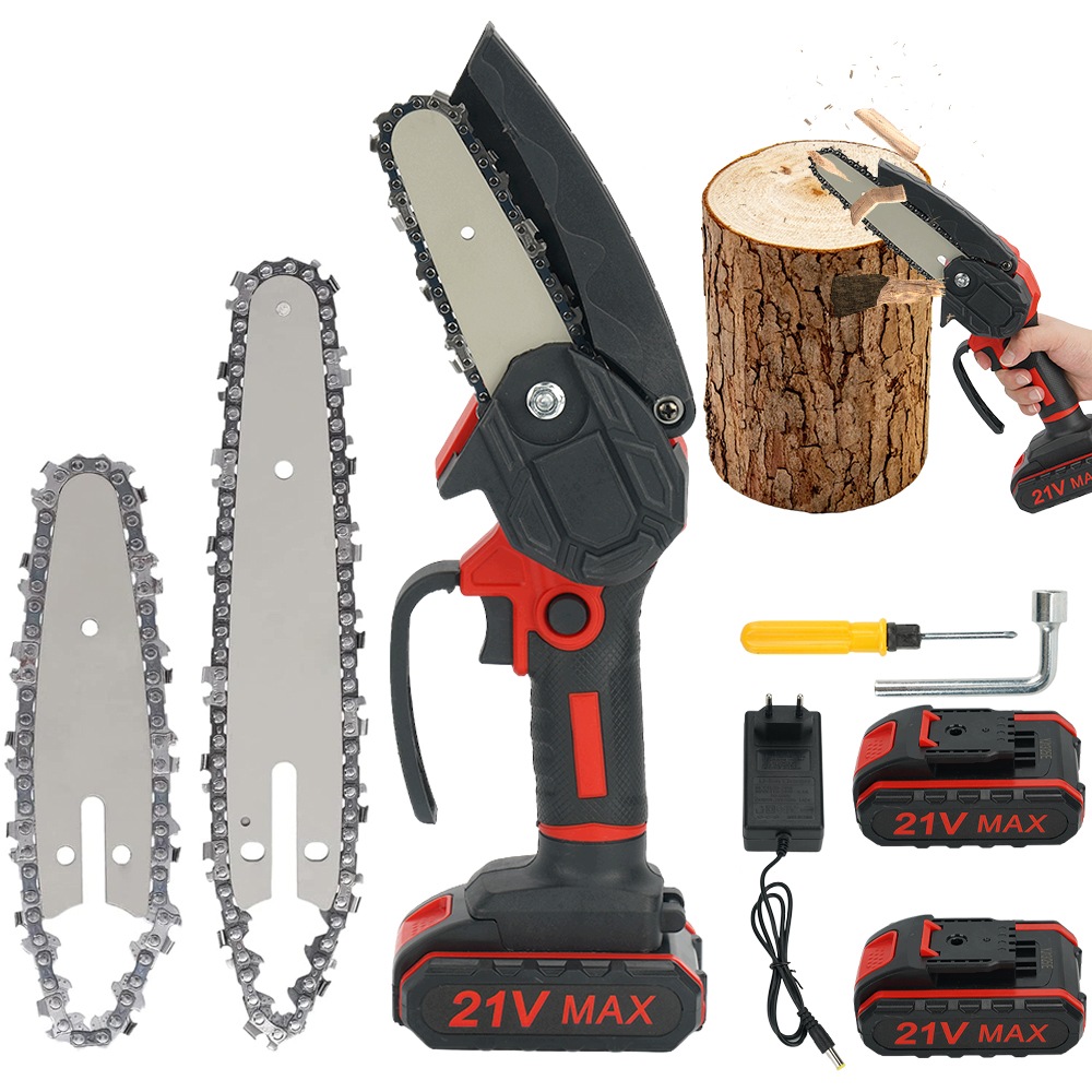 Akumulátorová řetězová pila 21V Mini se 2 vodítky pro zahradu a dřevo