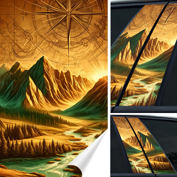 2x Nálepka na sloupky dveří Auta Hory Růže Větrů Příroda 50x30