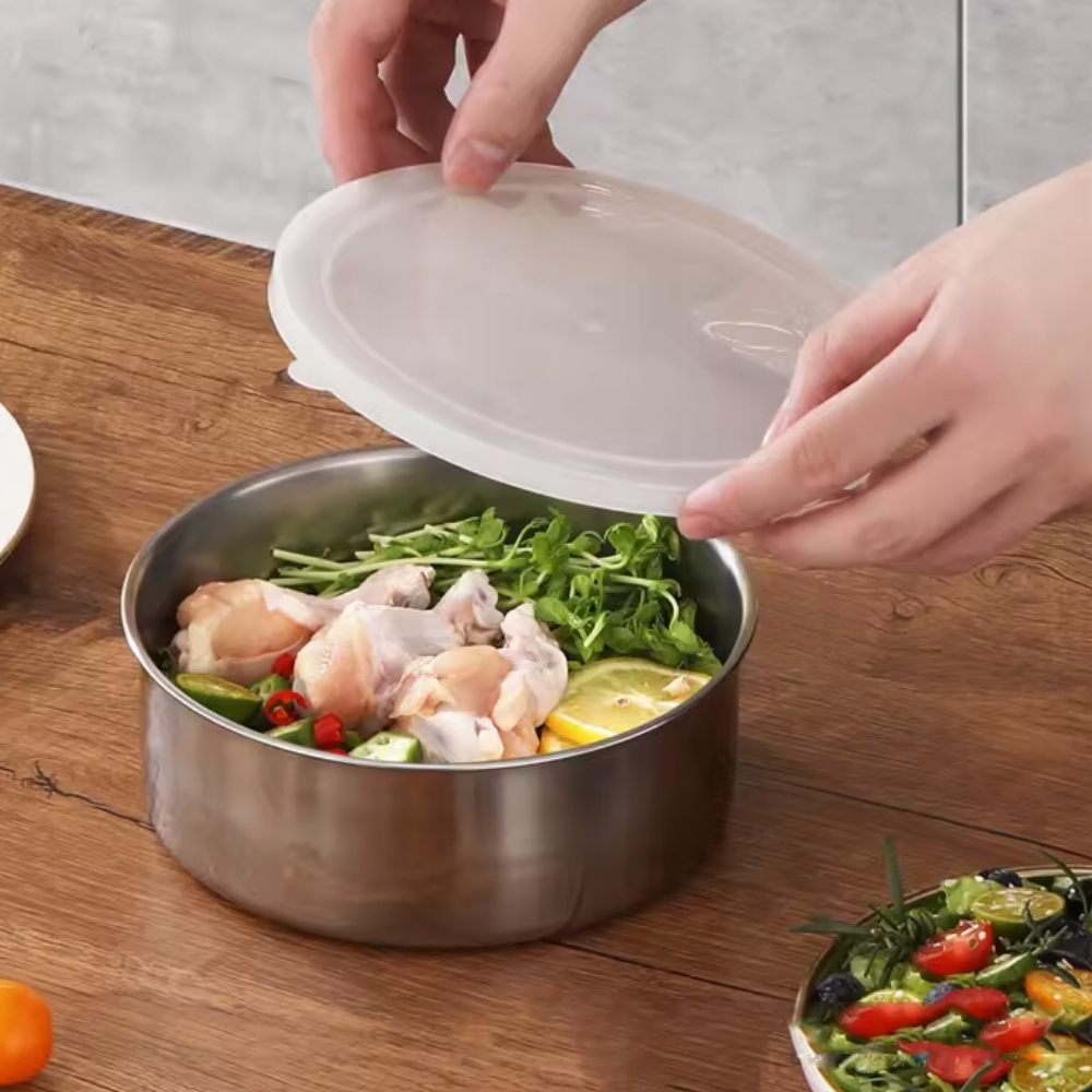 ZESTAW 5 MISEK ZE STALI NIERDZEWNEJ Z POKRYWKAMI DO ŻYWNOŚCI 10-18 CM Średnica 18 cm