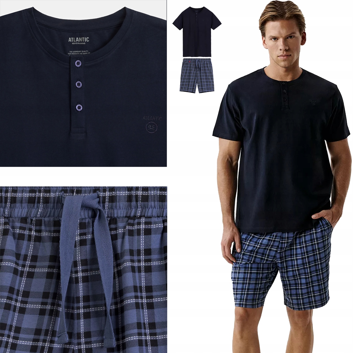Atlantic pánské pyžamo Premium 100% bavlna NMP401 modrý denim XXL