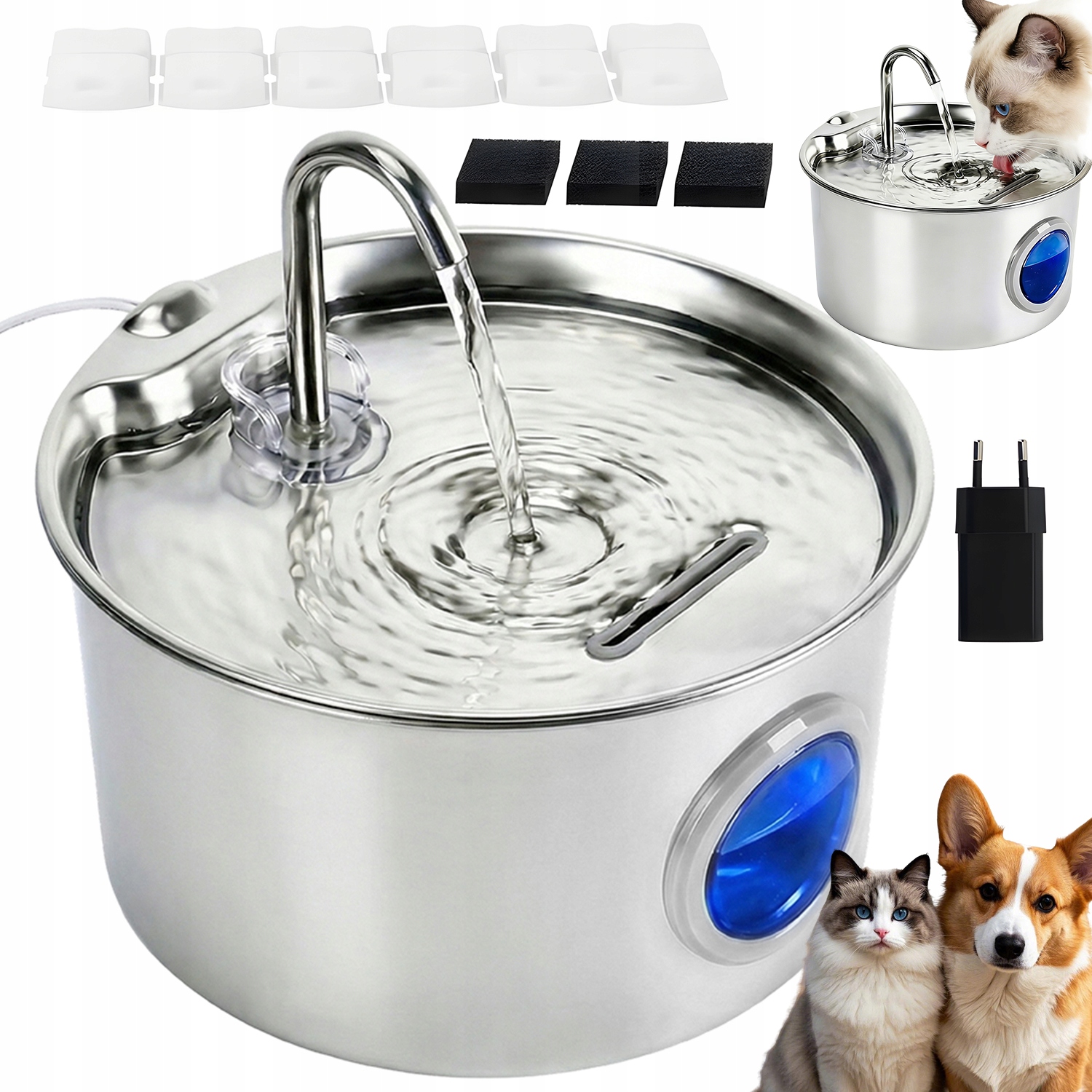 Fontanna Dla Kota Stalowa 2.6L Niskoszumowa Z 6 Filtrami I 3 Gąbkami