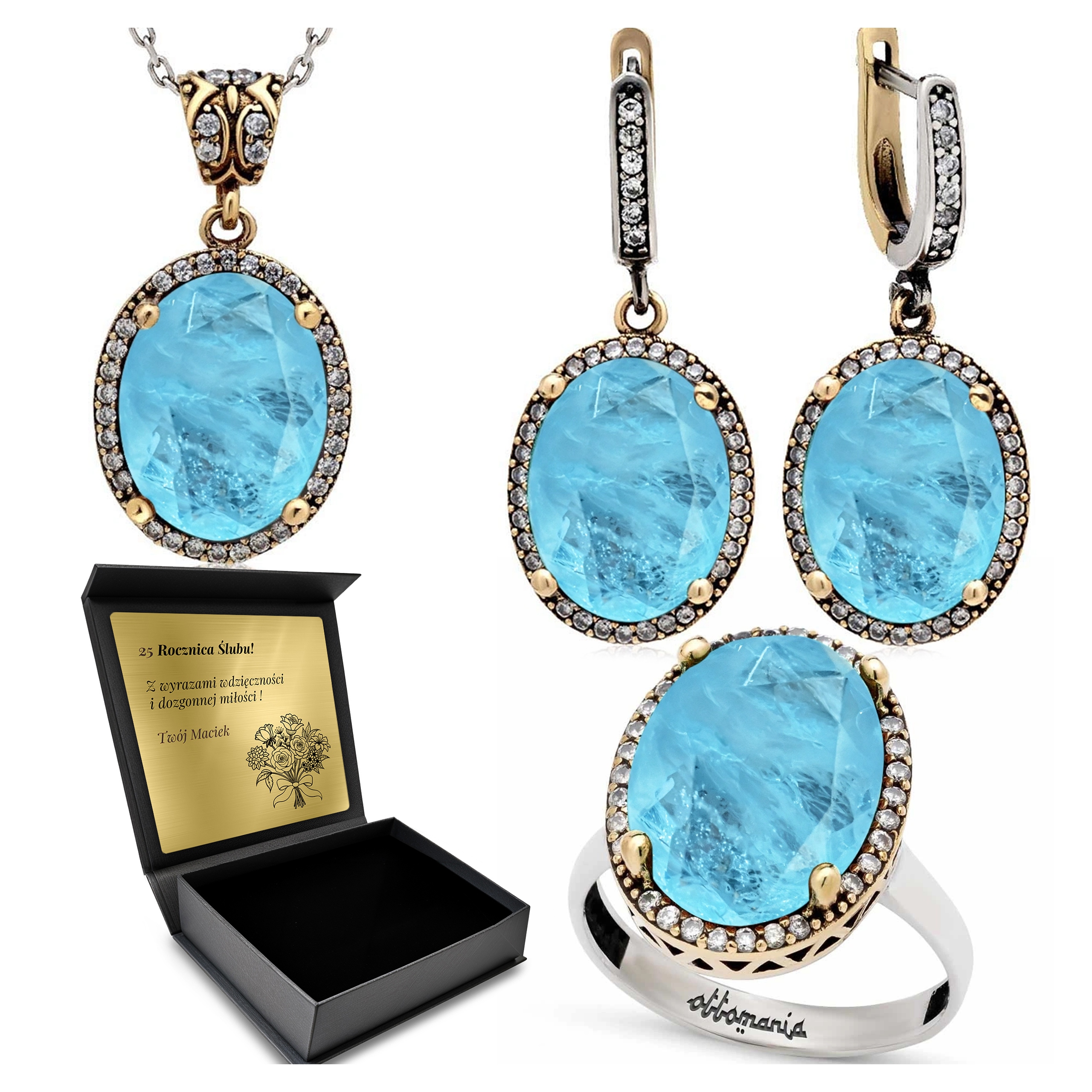 Komplet Stříbrných Šperků 925 Zirkony Turmalín Dárek pro ženu Gravírování