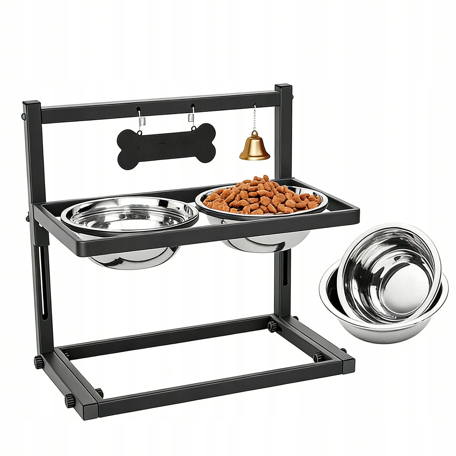 Levně Misky Pro Psa Na Stojanu, Nastavitelná Výška, 3 Úrovně, Černá Ocelová Barva