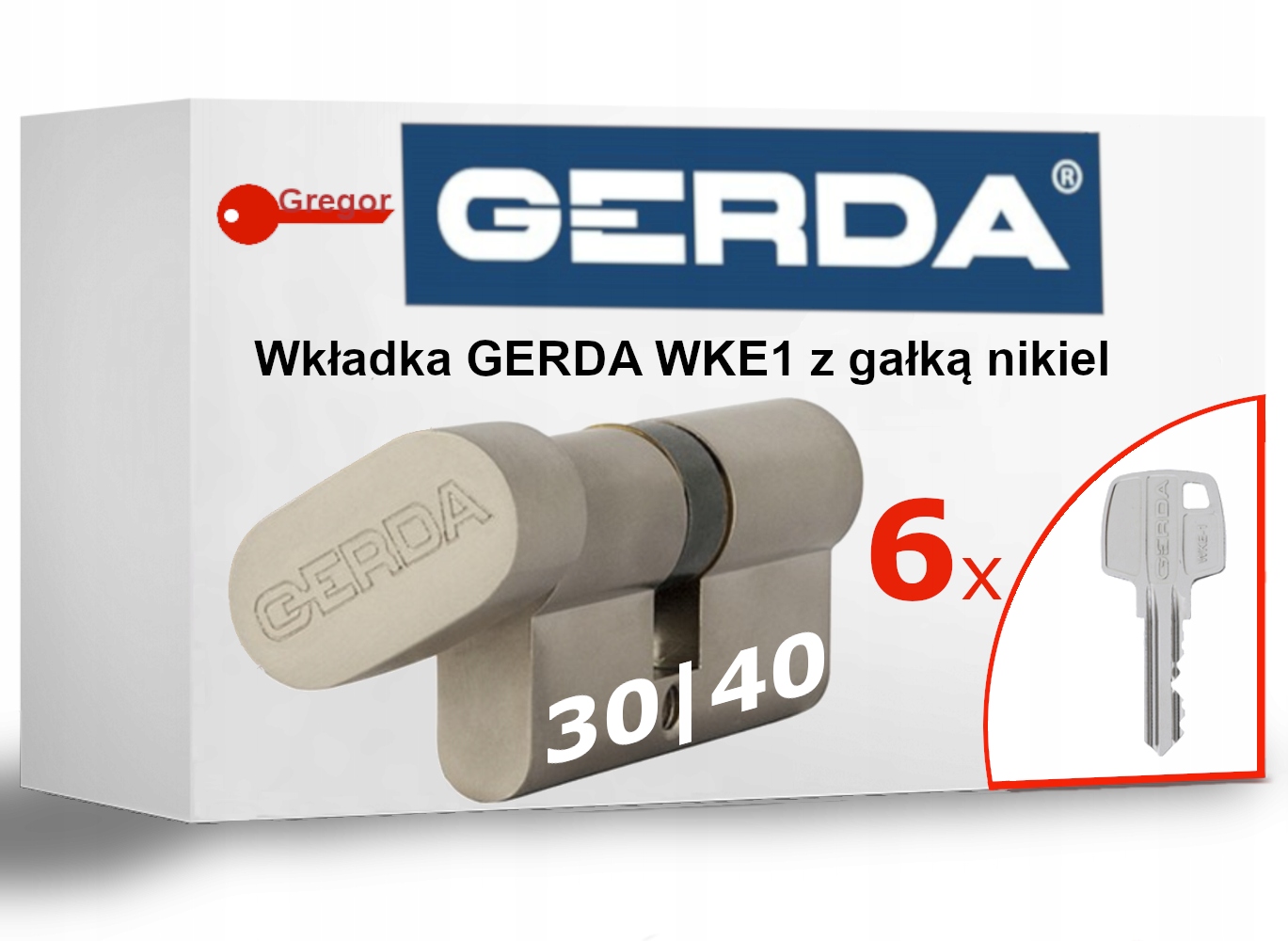 6 Kluczy Wkładka zamek Gerda WKE1 G30/40 nikiel satyna z gałką 6 kluczy