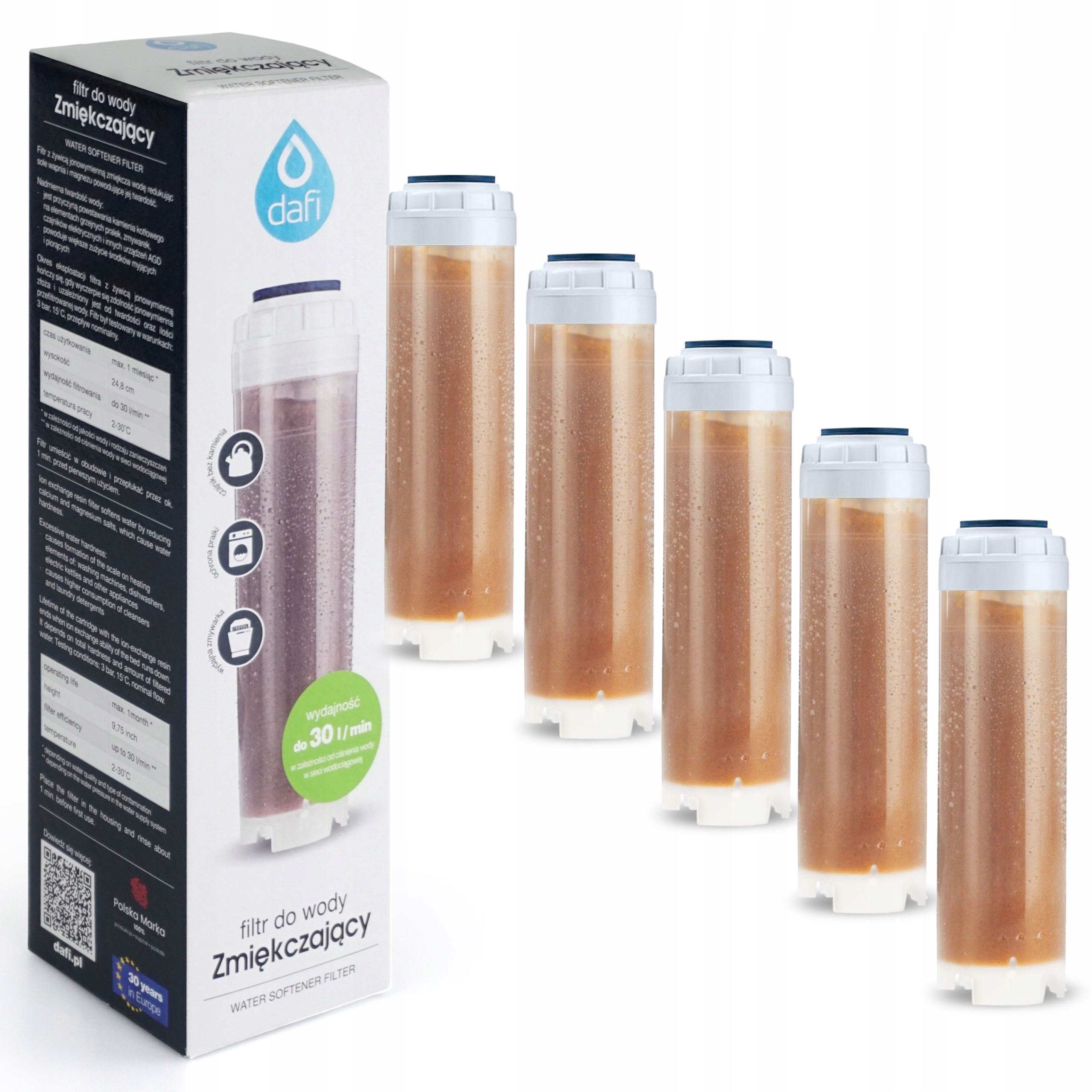 5x Dafi Przepływowy Filtr Wody 10" Wkład z Żywicą Jonowymienną Zmiękczający