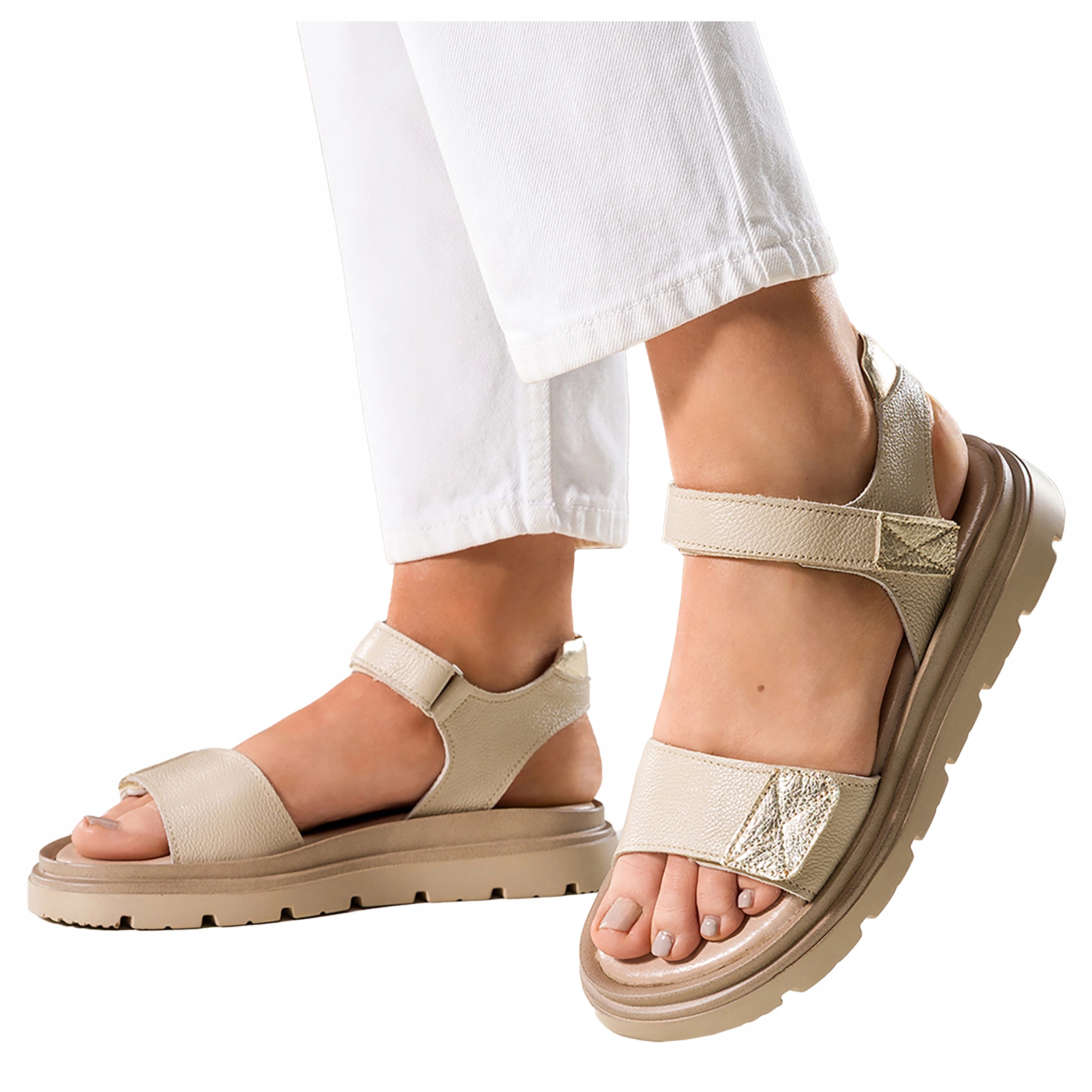 Kožené Sandály Dámské Béžové Pohodlné Boty Na Léto Polský Výrobek vel 37