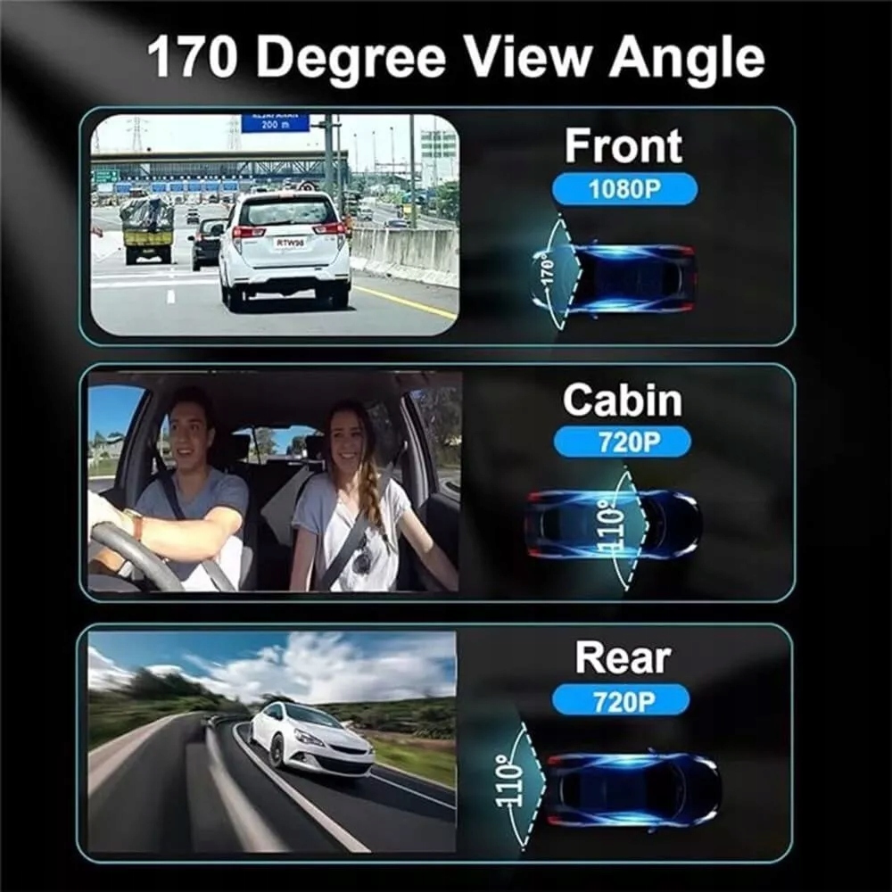 Kamera samochodowa z 3 obiektywami, kamera przednia/wewnątrz/tyłu, czarna Marka bez marki