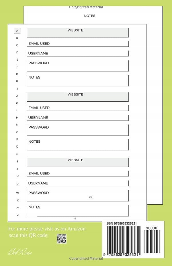 Rain, Bob Password book. Premium Journal And Logbook To Protect Usernames a Język publikacji angielski
