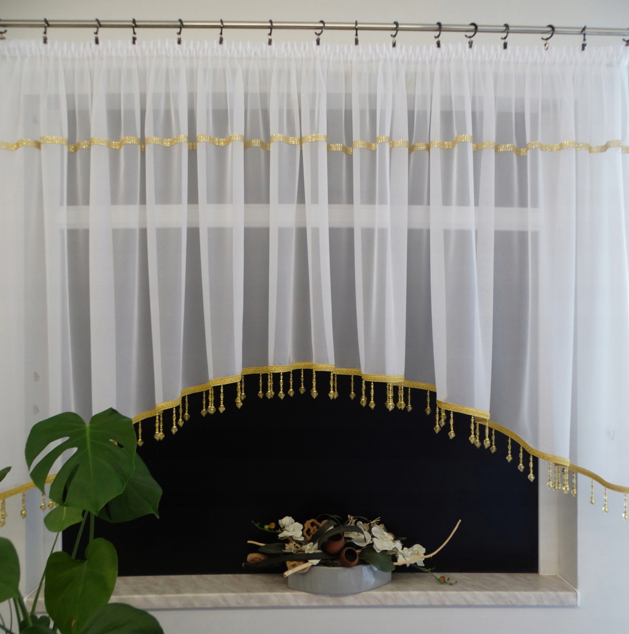 Mg Záclona Voál Mašle s korálky Zlatá dlouhá Šatonové Růže 400x130