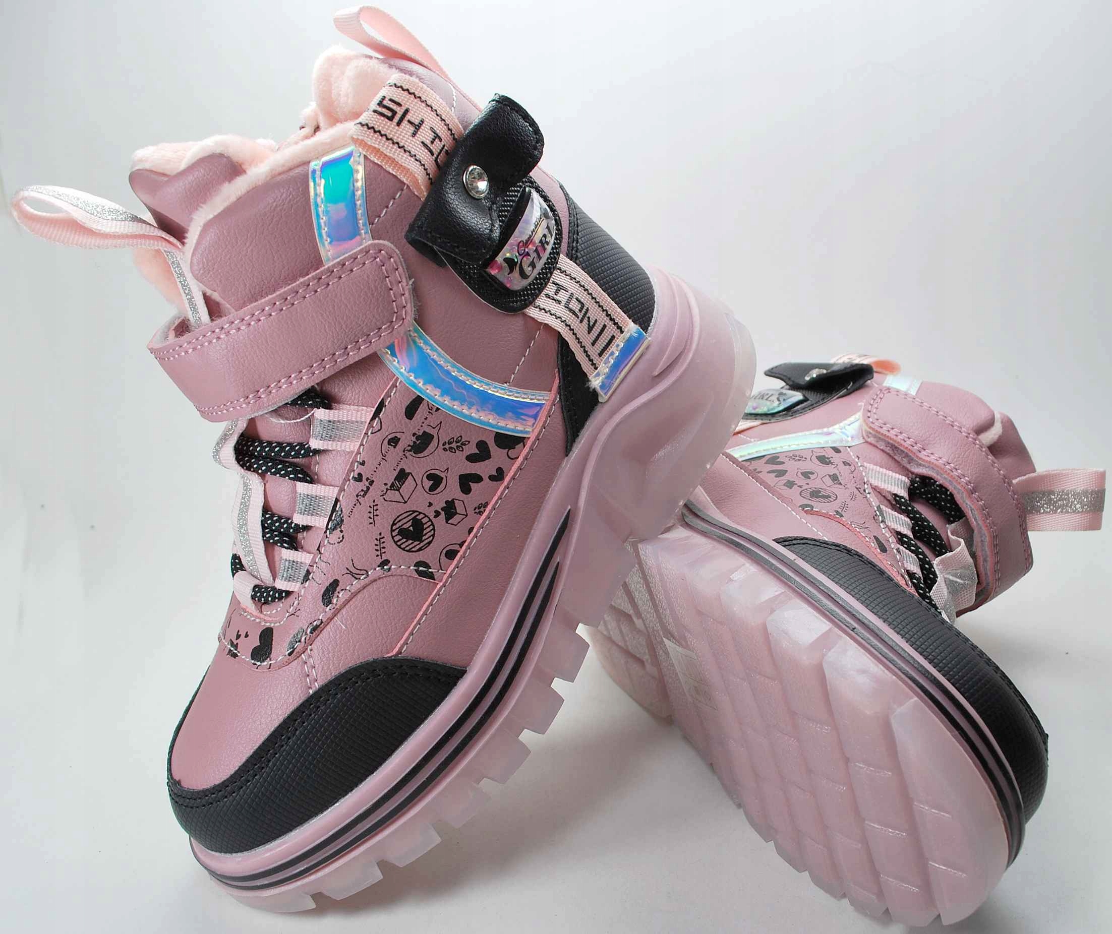 Różowe ocieplane naturalnym futrem kozaki dla dziewczynki zima na rzep 30 Marka Inna marka