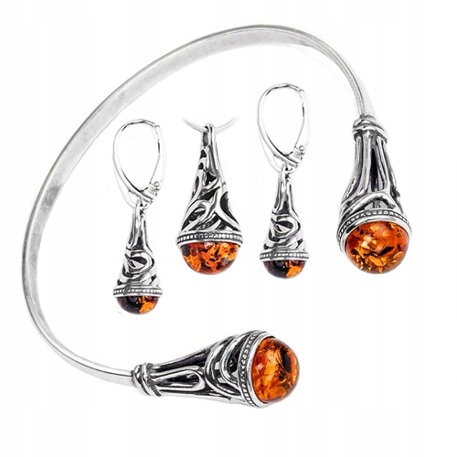 Stříbrný Komplet z baltského Jantaru přívěsek náušnice náramek Ze Stříbra