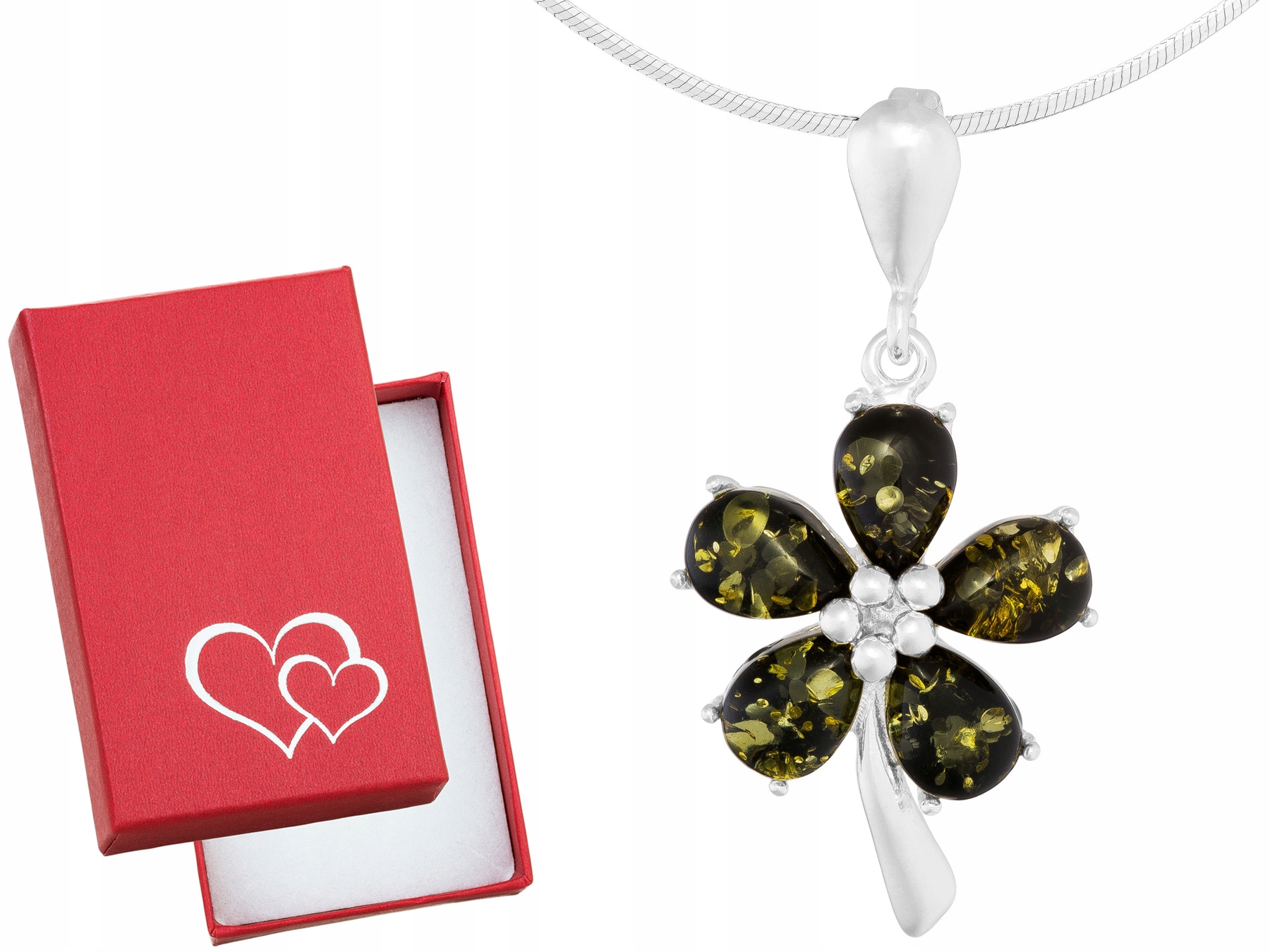 Dlouhý stříbrný náhrdelník Květina se zeleným jantarem Květina Jantar 60 cm