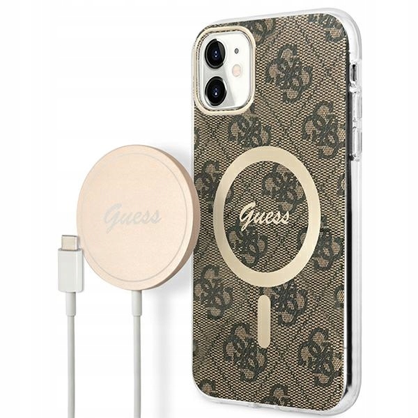 Sada pouzdro indukční nabíječka Guess pro iPhone 11 6,1", hnědá, MagSafe