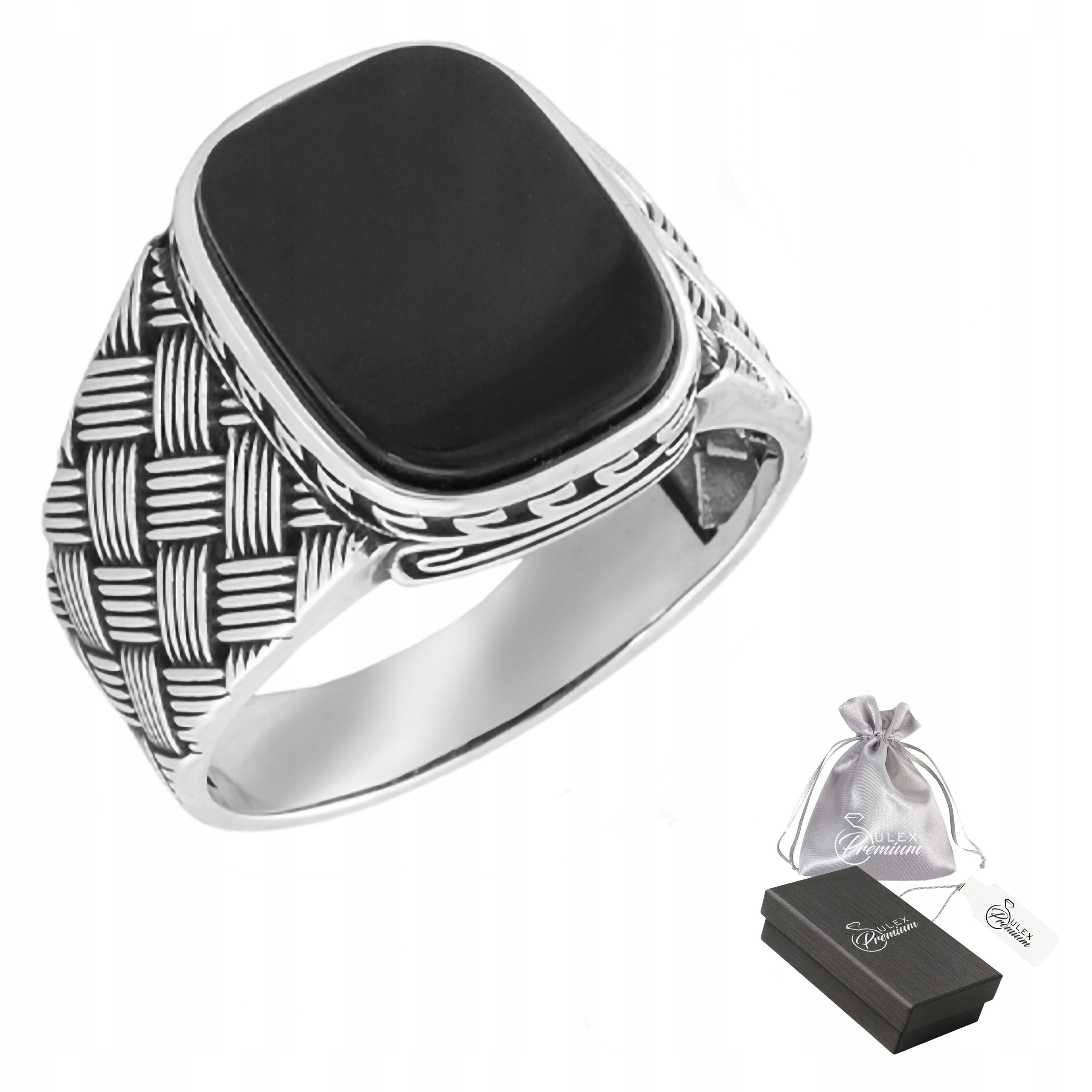 Stříbrný signet 925 Elegantní obdélníkový mřížkový prsten s onyxem vel. 23