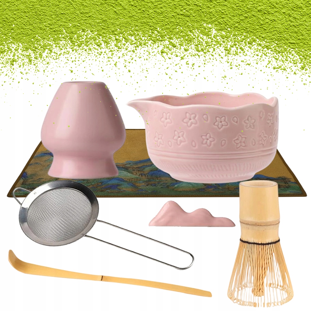 Levně Růžová Sada Pro Matcha 450 ML, Keramická, Se Sítkem A Ručníkem