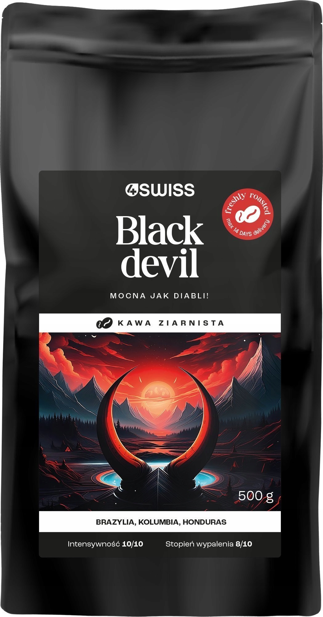 Levně Káva Zrnková 4Swiss Black Devil 500 g Čerstvě Pražená Intenzita 10/10