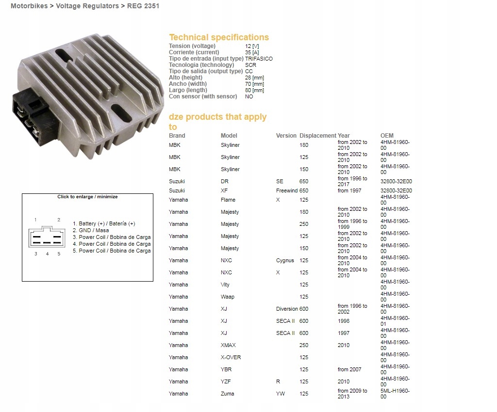 Dze Regulátor Napätia Yamaha XJ600 Diversion 96-02, YBR125, YZF125R, Majes