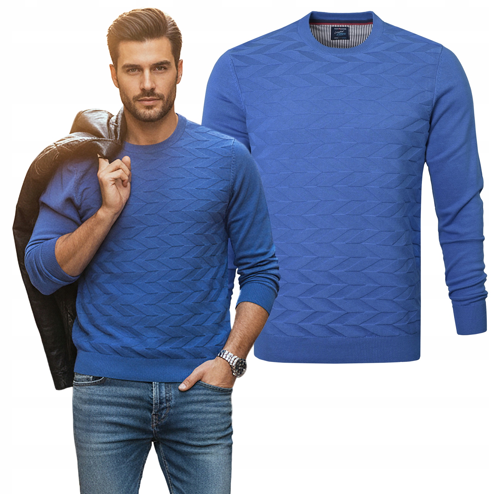 Elegantní pánský svetr Klasický Modrý Bavlněný XXXL Pako Jeans
