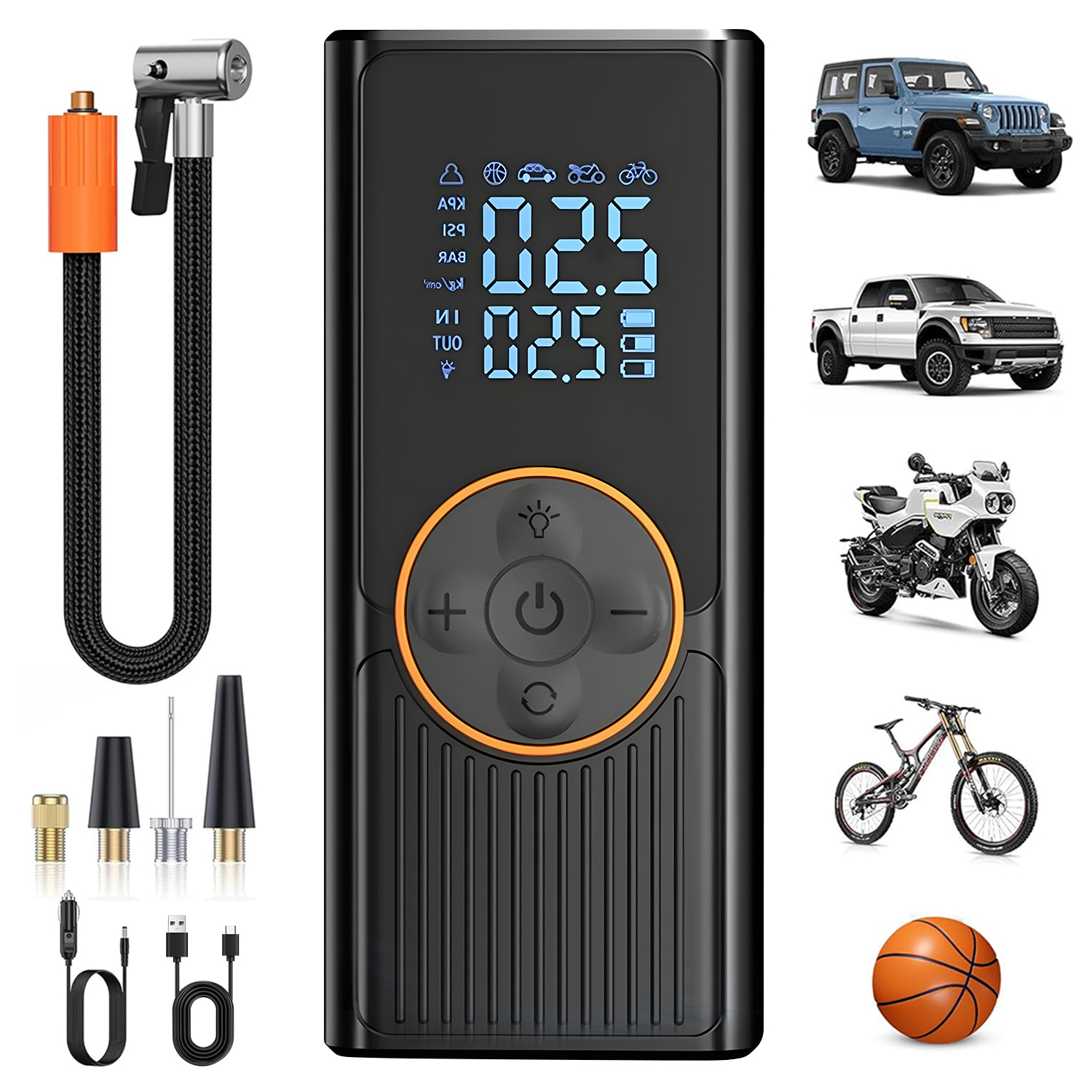 Elektrická Vzduchová Pumpa 150 Psi 36 L/min S Led Pro Automobily A Motorky