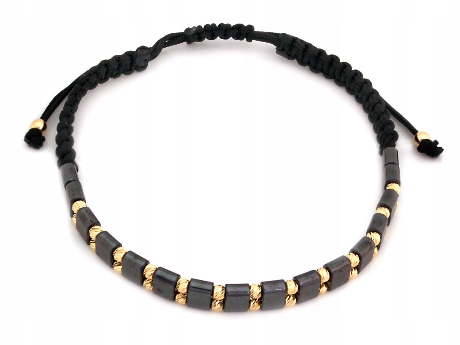 Zlatý náramek 585 kuliček a hematitů na černém provázku, dvojitý, 14kt