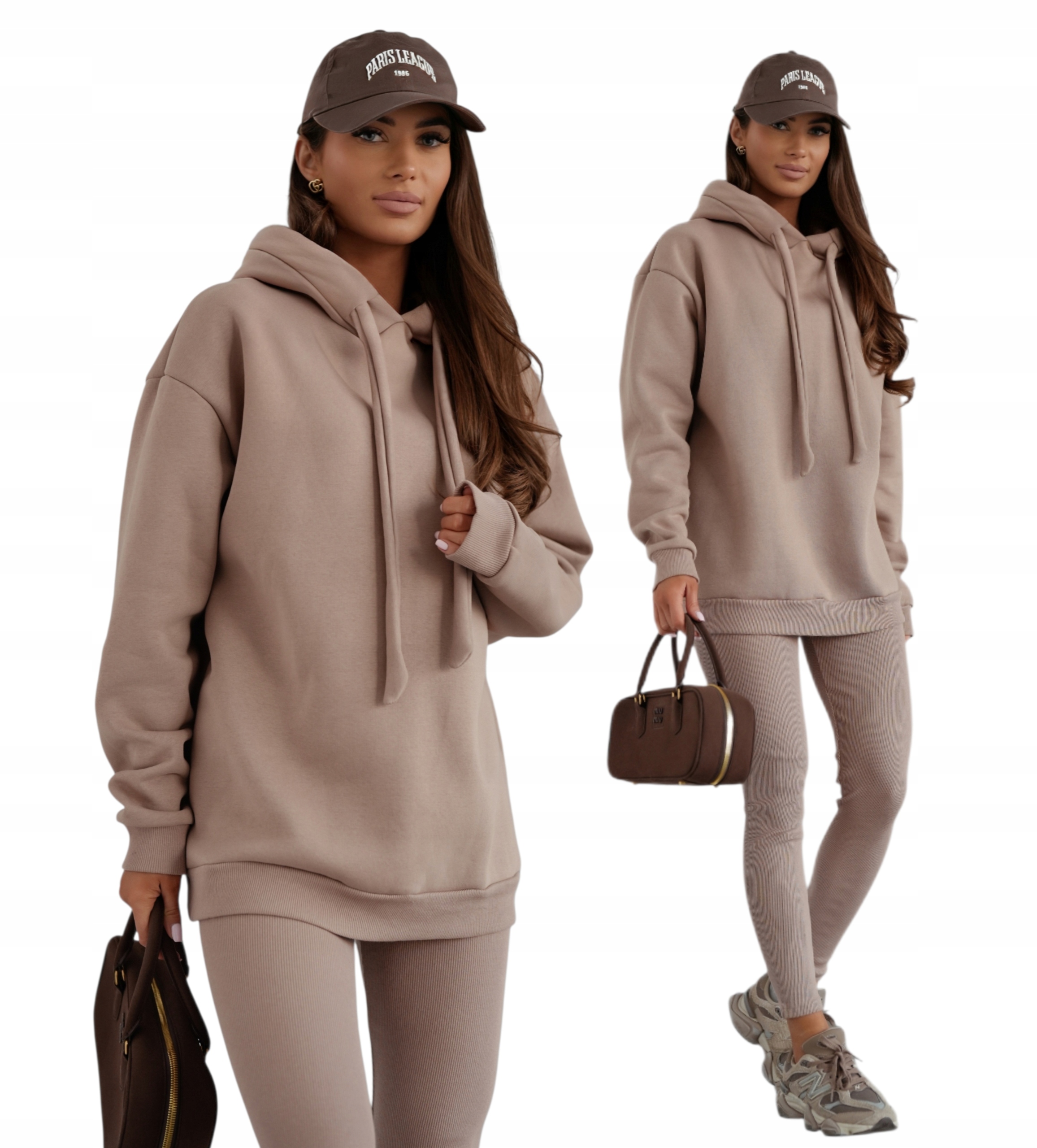 Zateplená Tepláková Souprava Mikina S Kapucí Legíny Uni Cappuccino