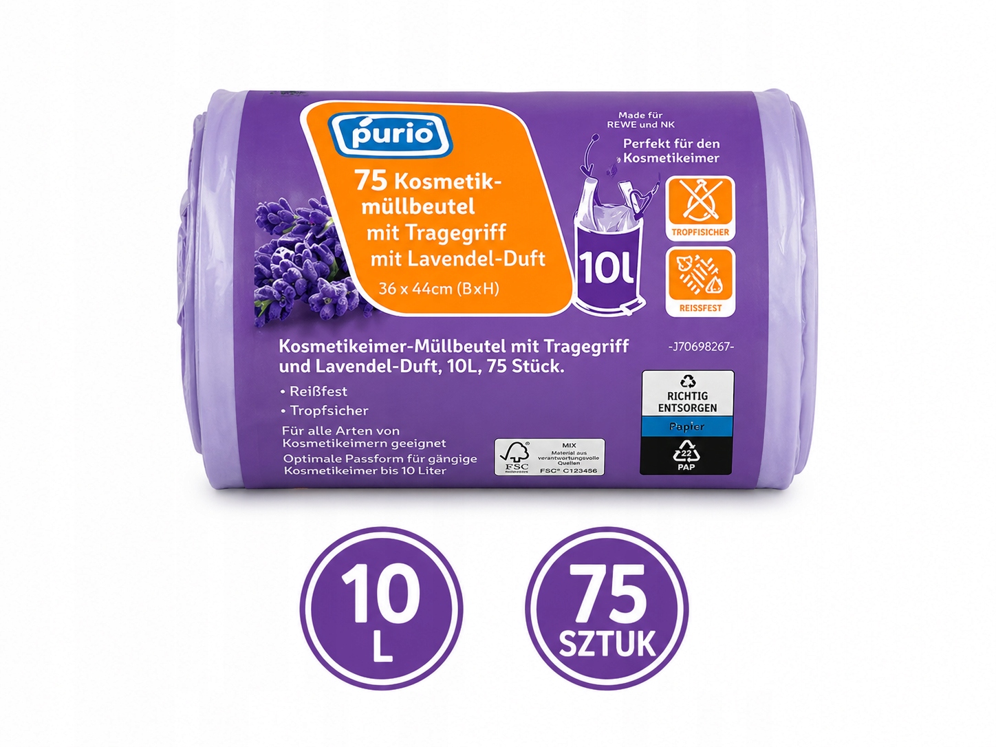 Worki na śmieci 10L PURIO z uszami 75 szt. Mocne, szczelne, wytrzymałe