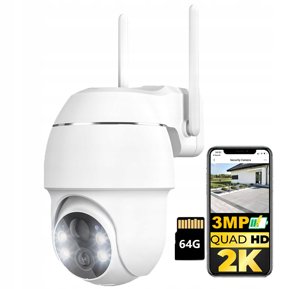 3MPx Otočná Venkovní Kamera 2K Ultra Hd Ip WiFi Detekce Alarmu S 64GB