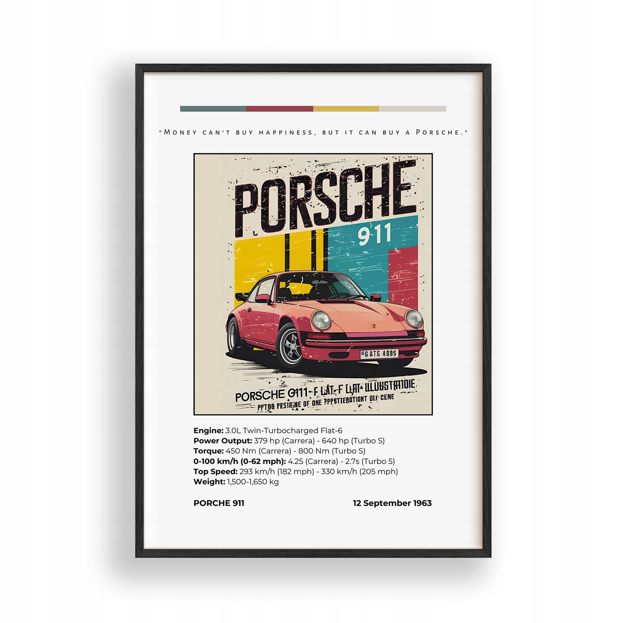 Obraz Auto Porsche 911 Vintage Retro Rámeček Dřevěný Černý 30x42 cm