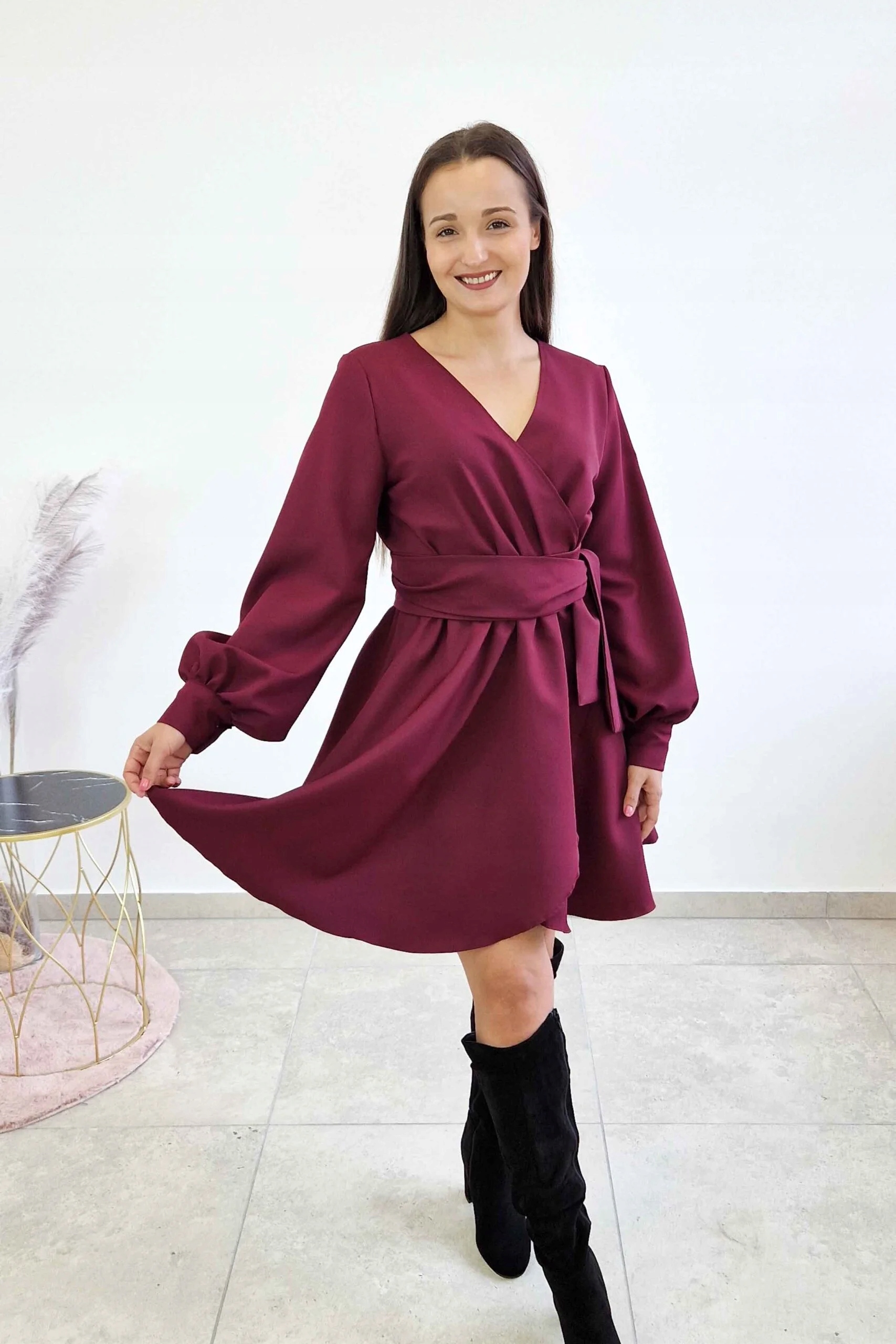 Elegantní Šaty s šerpou v pase Bordó Uni