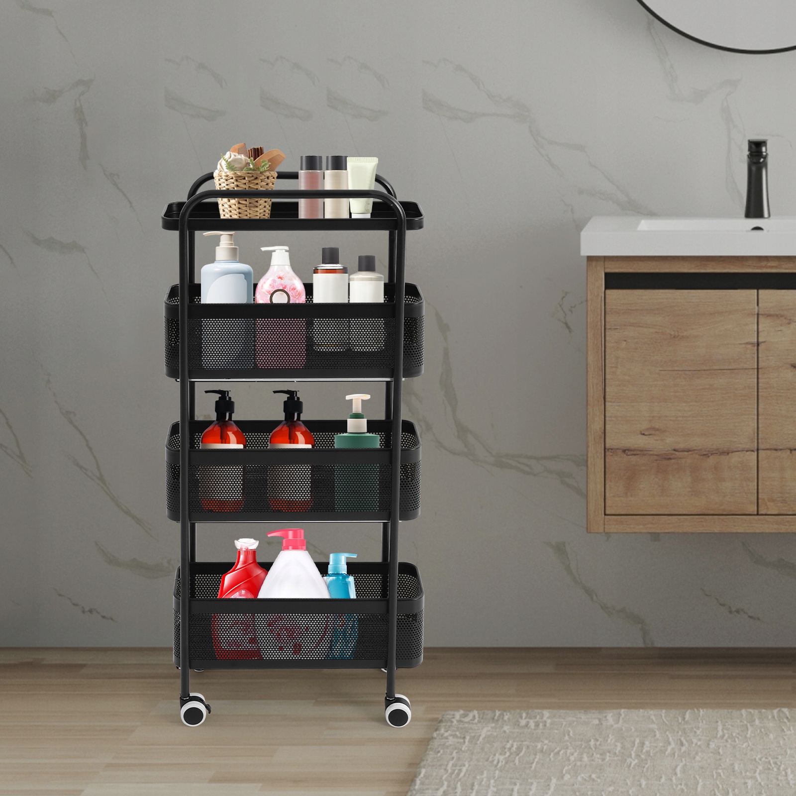 Wąskie metalowe wózki kuchenne, 4poziomowy wózek rolowany, 89.5 cm czarny wózek do przechowywania Stan opakowania oryginalne