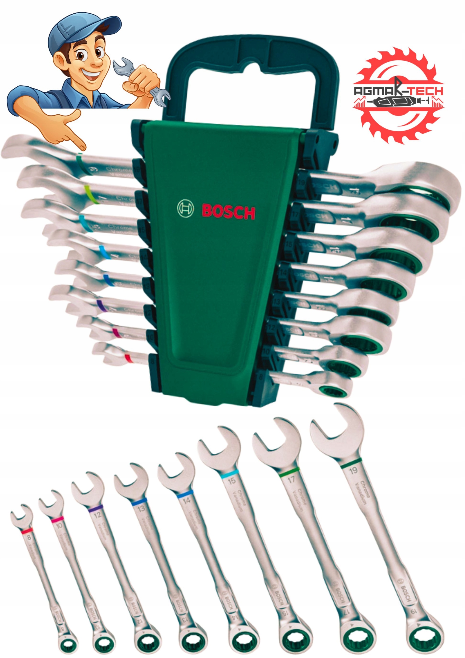 Zestaw kluczy płasko-oczkowych z grzechotką Bosch 1600A027PS 8 szt