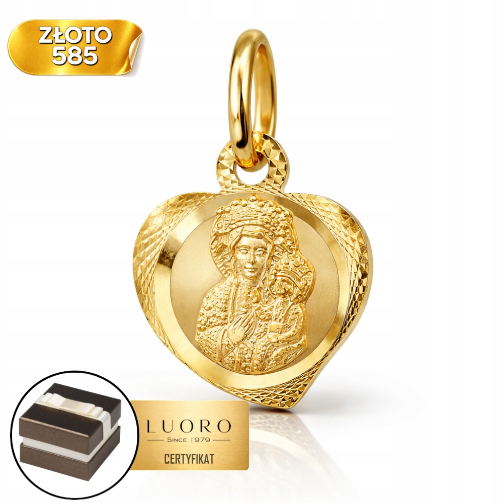 Medailon Zlatý 585 14K Panna Maria Čenstochovská Srdce 1 CM Elegantní