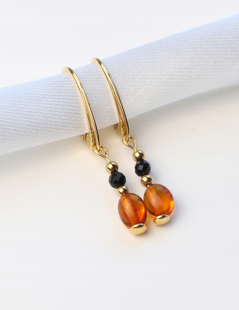 Náušnice pozlacené Jantarový koňak, černý turmalín