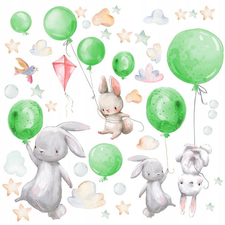 

Naklejki na ścianę Króliczki balony dzieci zielone