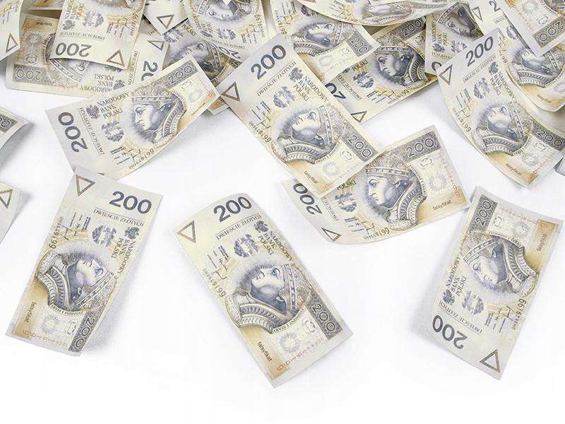 Tuba strzelająca konfetti banknot 200 PLN 60cm 1x Wzór banknoty