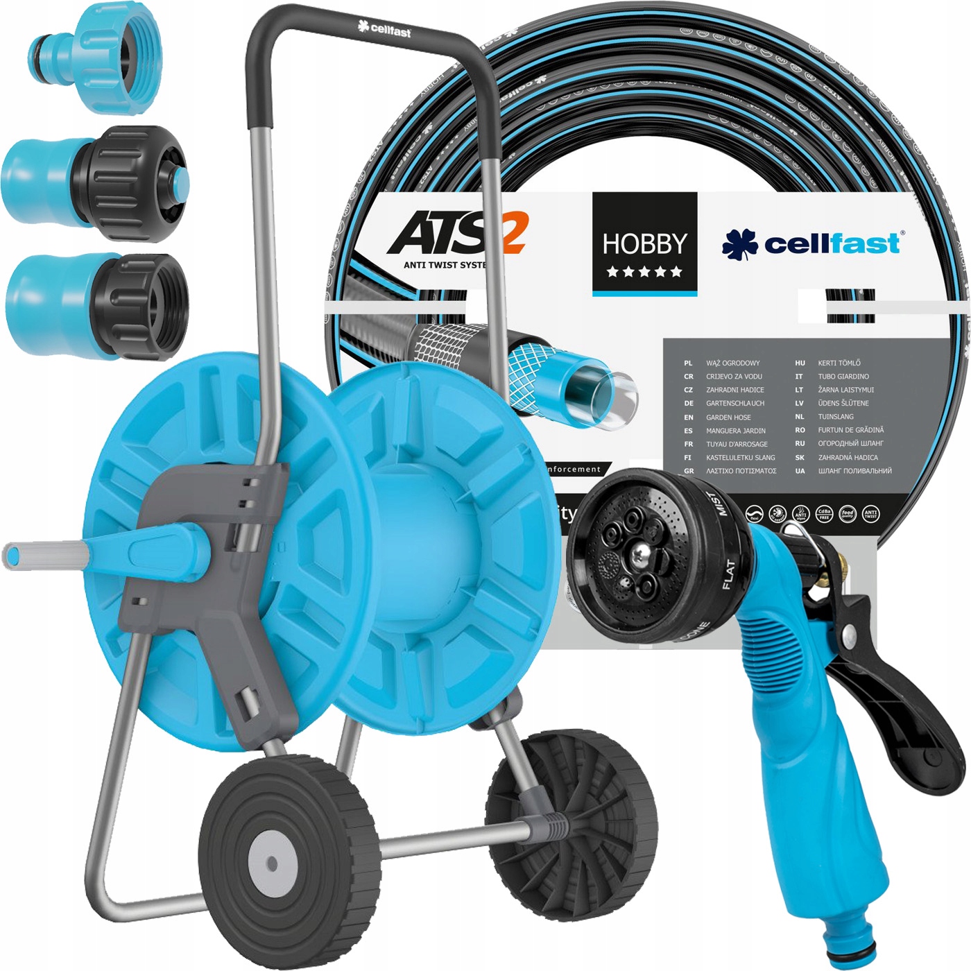 ZESTAW PREMIUM WÓZEK + WĄŻ OGRODOWY ZBROJONY 1/2" 50M + ZRASZACZ +3xZŁĄCZKA