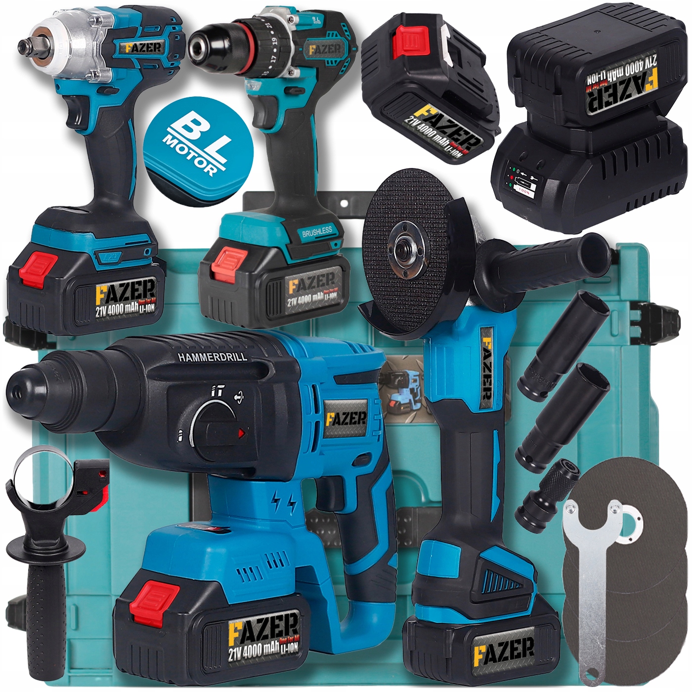 Sada Akumulátorového Nářadí 21V 4v1 Šroubovák Kladivo Bruska Klíč