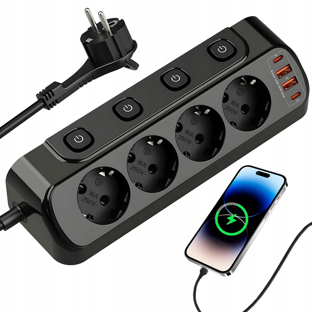 Prodlužovací Kabel Zásuvková Lišta 4 Zásuvky S Vypínači Nabíječka 2x Usb C 2 M